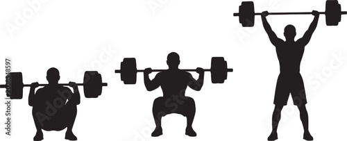 Three black silhouettes of men performing weightlifting exercises, including squats and overhead press, on a white background, also transparent background