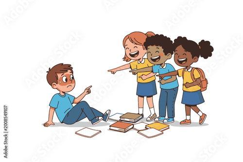 Φωτογραφία Children Bullying and Laughing at Classmate on Floor with Books