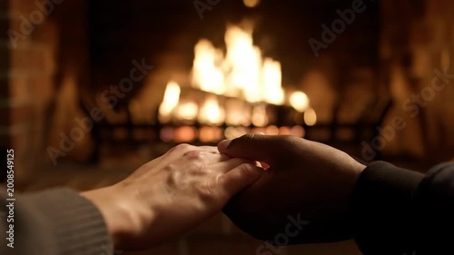 Two people holding hands in front of a warm crackling fireplace displaying intimacy comfort and togetherness with cozy winter feelings and romantic connection