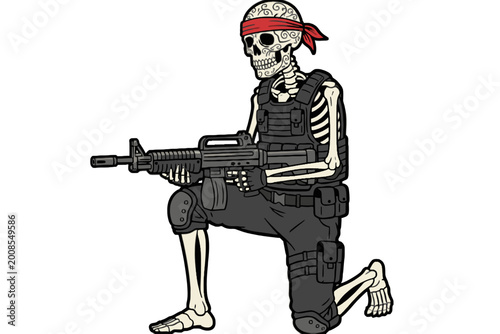 Skeleton soldier kneeling with assault rifle in tactical gear