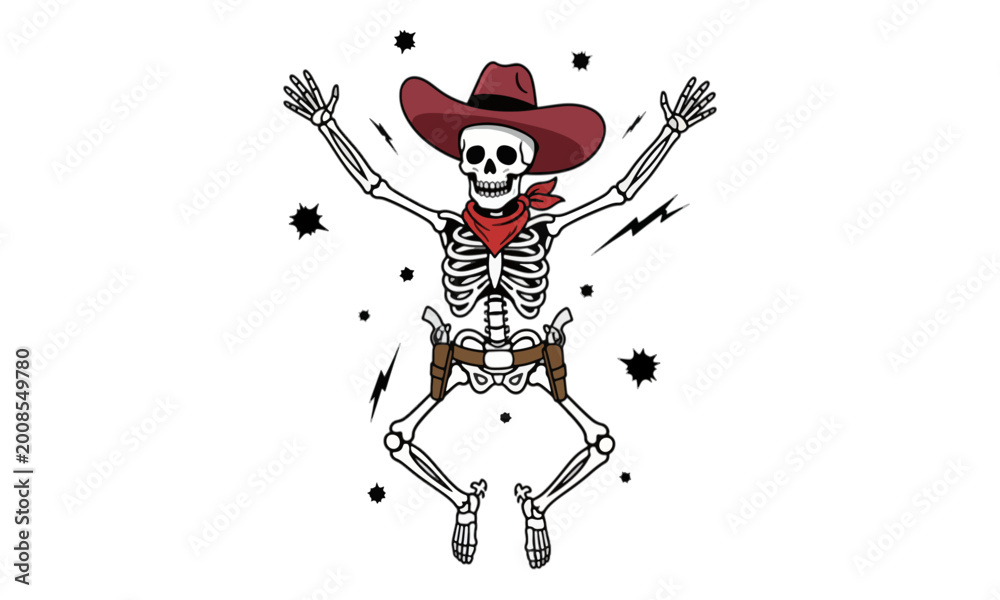 Obraz premium Cowboy skeleton jumping with red hat and bandana illustration