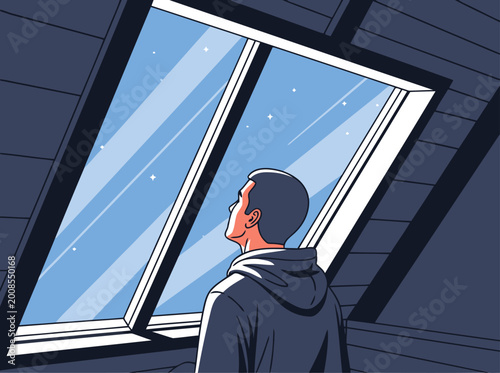Fotografie A man gazes at a starry night through a large window, embodying a peaceful, mindful evening