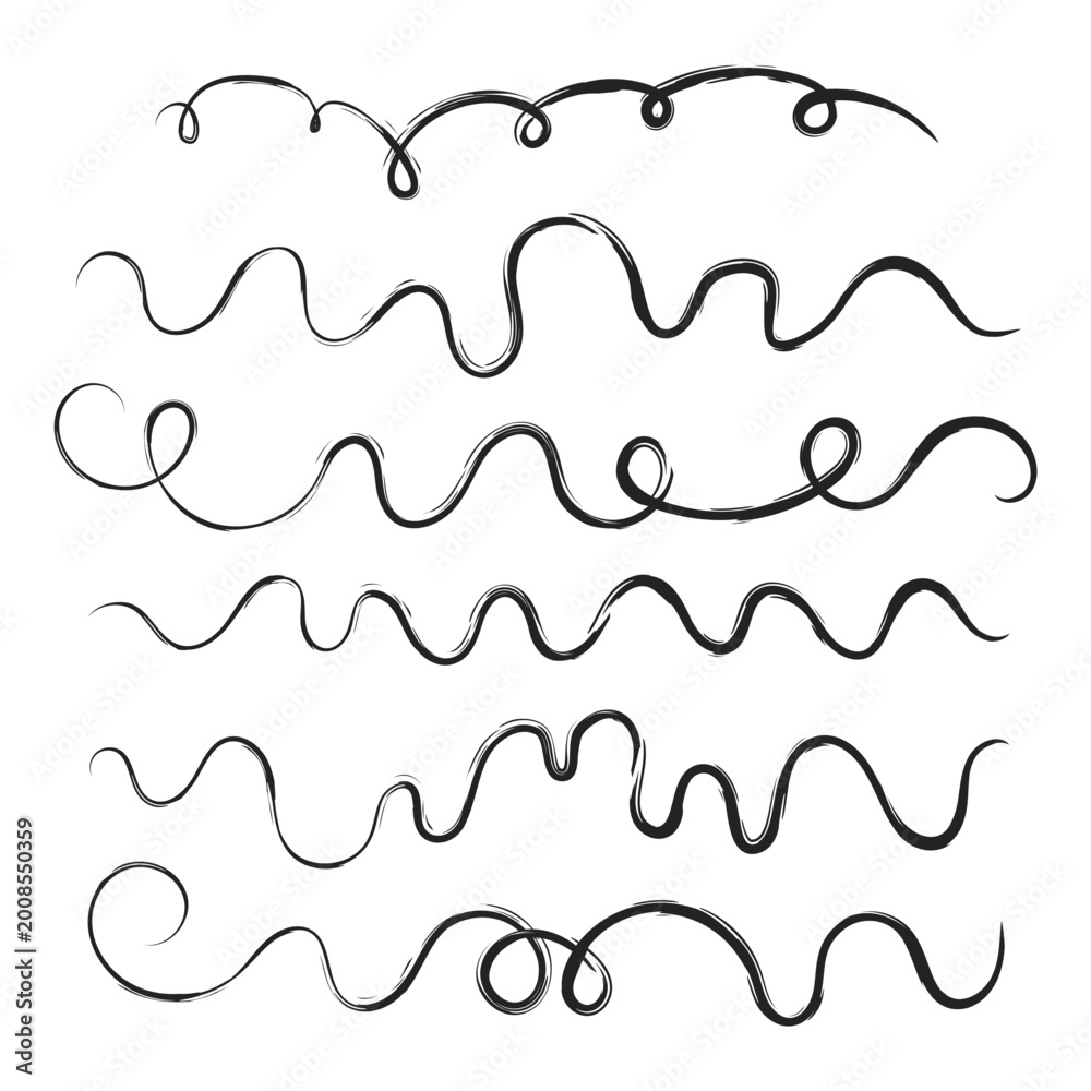 Fototapeta premium Hand drawn wavy lines set, black ink swirls and curly vector dividers