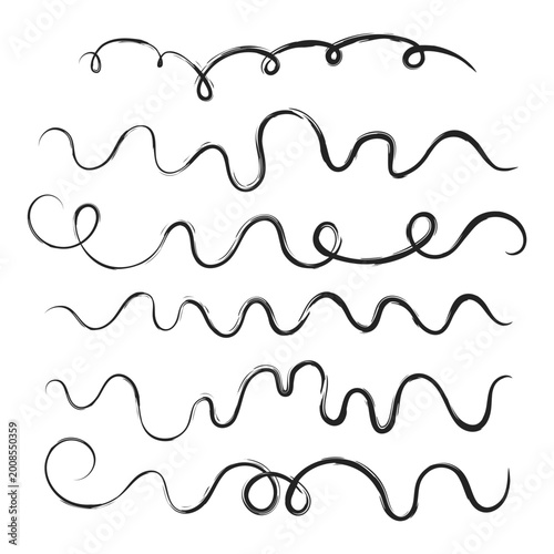 Hand drawn wavy lines set, black ink swirls and curly vector dividers