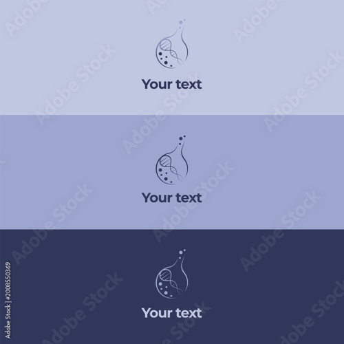 Medical pharmaceutical logo set, vector laboratory flask with DNA helix and bubbles