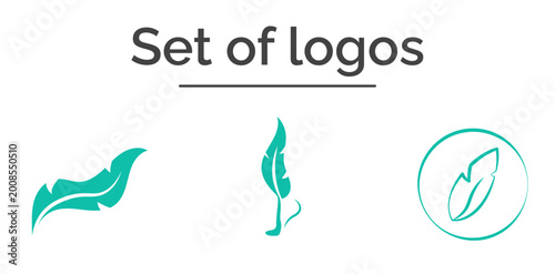 Comfort footwear and socks logo set, vector feather emblems for light walking brand