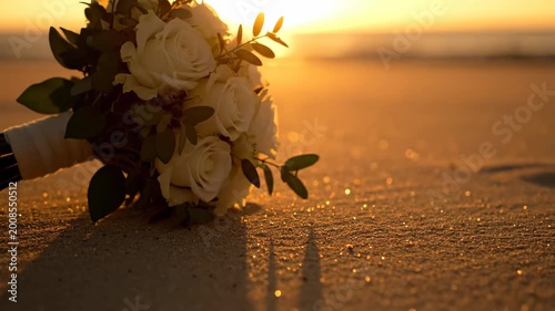 A white rose bouquet rests on the sandy beach with sparkling bokeh and warm golden hour sunlight creating a romantic and serene atmosphere for a wedding ceremony.