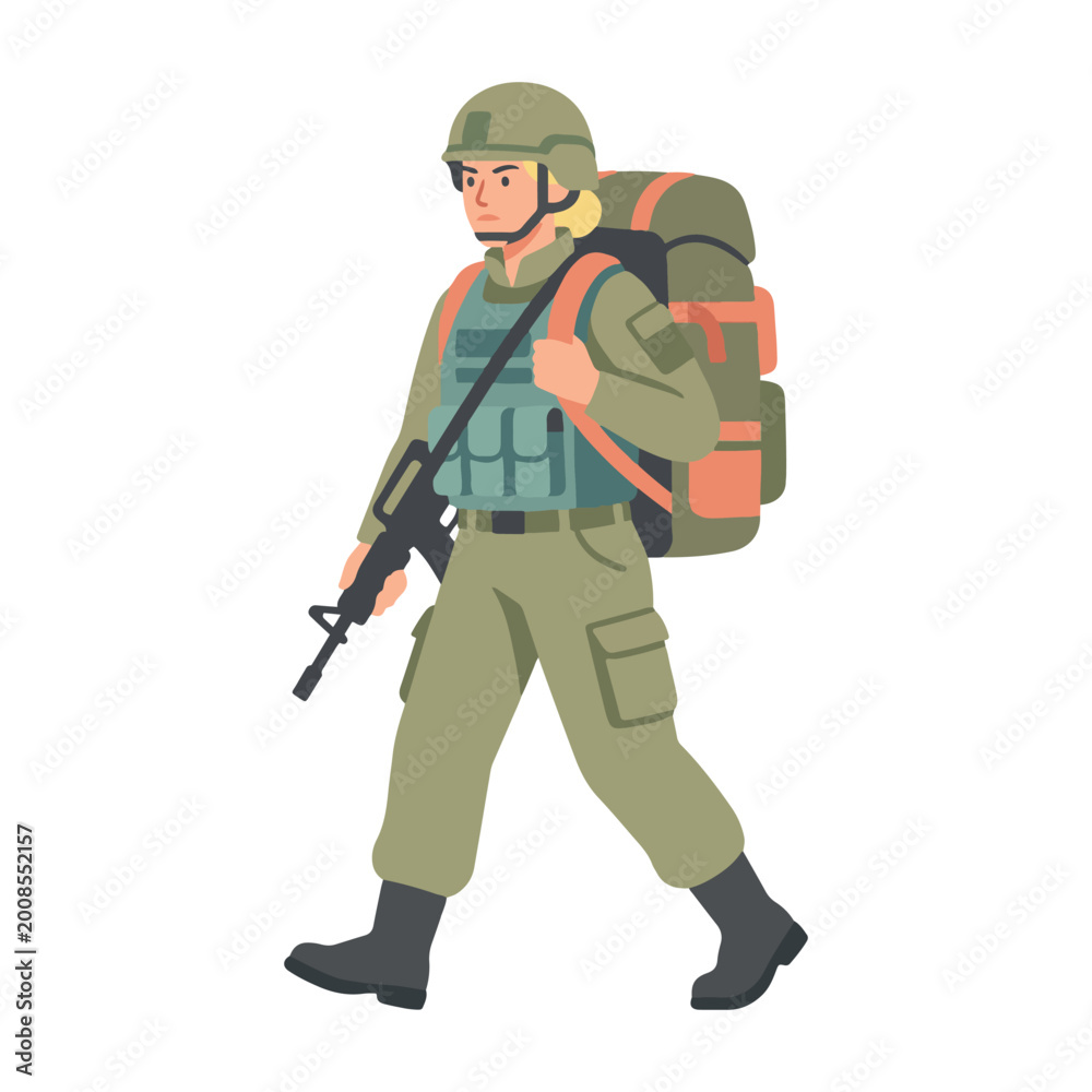 Naklejka premium Soldier in Uniform, a Member of the Armed Forces, Carries a Backpack and Rifle