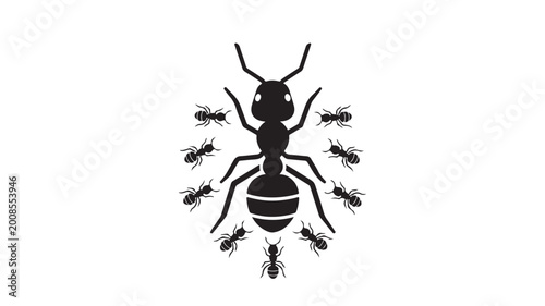 Minimalist ant colony vector illustration, black insect silhouette icons, worker ants surrounding queen ant, pest control and teamwork concept