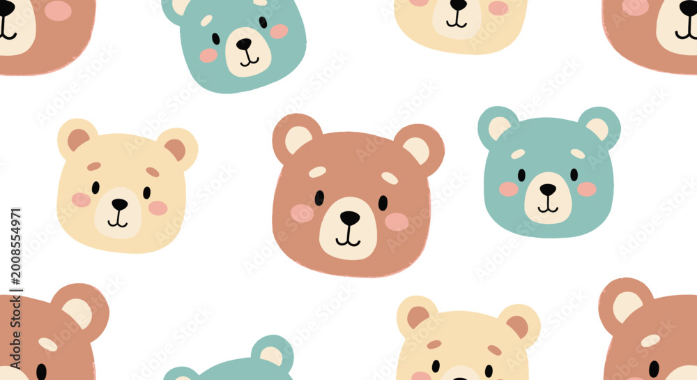 Fototapeta premium Colorful cartoon bear faces pattern.