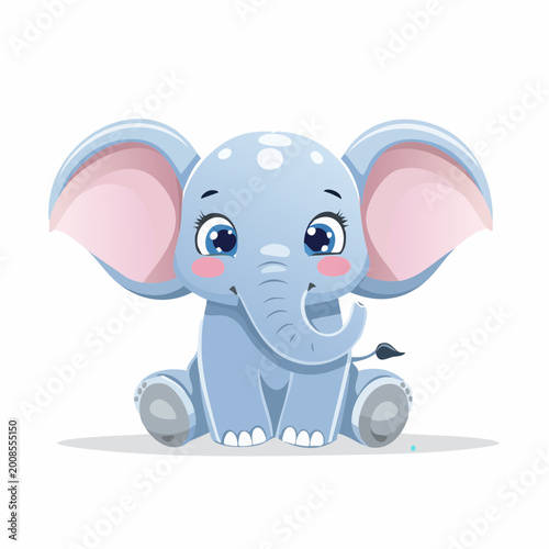 A cute cartoon elephant with large ears and a smiling face is sitting on the ground.