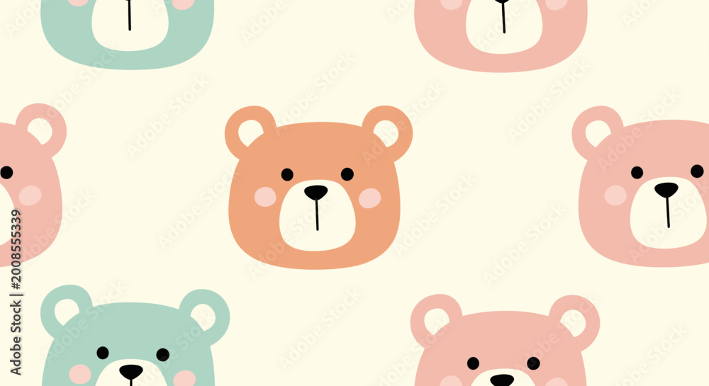 Fototapeta premium Cute cartoon bear faces in pastel colors.
