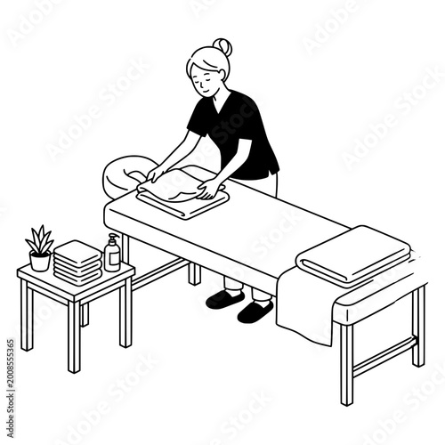 Spa worker arranges fresh towels and supplies on a massage table to prepare the room for an upcoming wellness appointment in a clean facility.