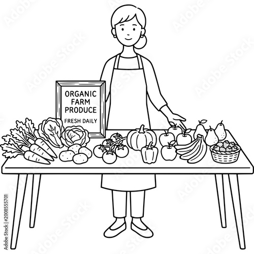 Vendor stands behind a wooden table displaying a variety of fresh organic farm produce for sale to customers.
