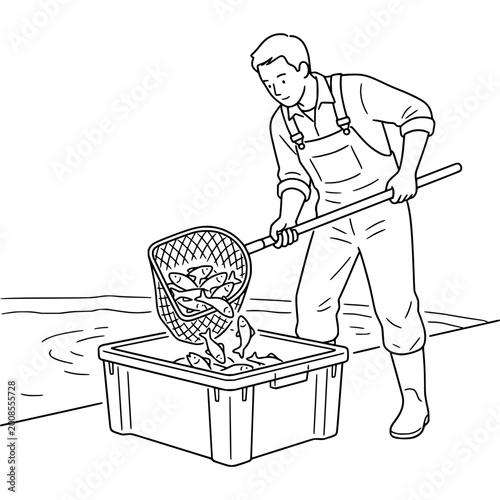 Fisherman uses a large net to transfer harvested fish into a container at a commercial fishery.