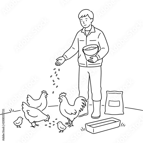 Farmer feeds a group of chickens and small chicks inside a rural poultry farm setting.
