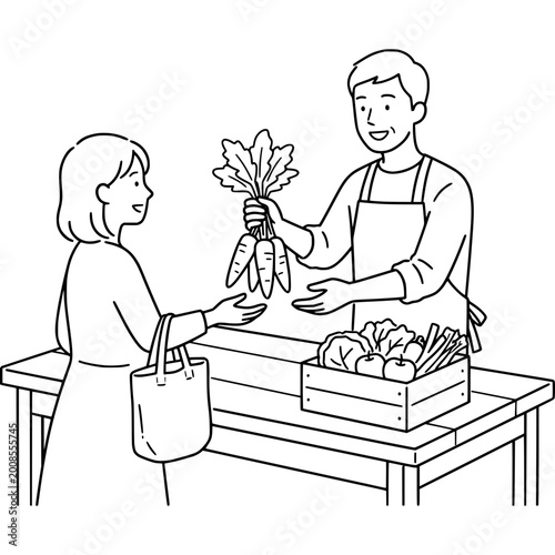 Vendor hands a bundle of fresh carrots to a customer at a local food market stall.