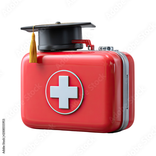 Graduation Cap on Red First Aid Kit