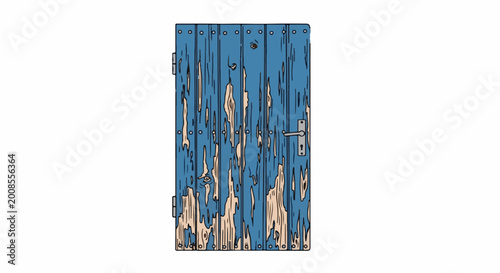 Worn blue wooden door with peeling paint and silver hardware