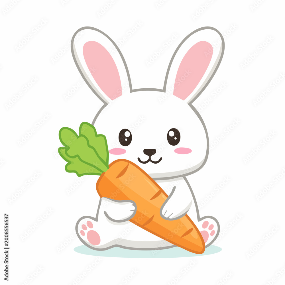 Obraz premium A cute cartoon rabbit happily holding a large carrot indoors.