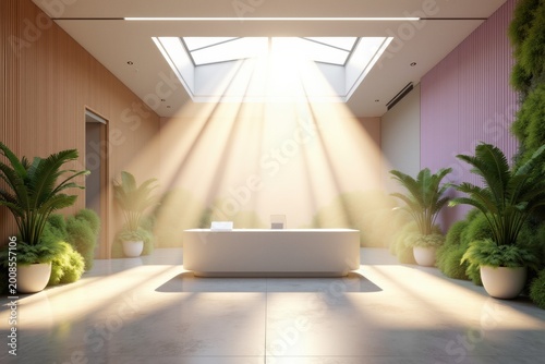 Bright Office Lobby with Natural Light and Indoor Plants