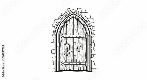 A Gothic wooden door with ornate metal hardware, set in a stone frame