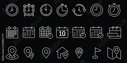 Time, date and location editable stroke outline icons set. Address line icons and navigation outline icons set. Address icon set, date calendar clock time location symbol, vector illustration .
