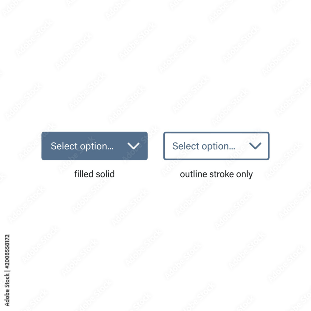 Fototapeta premium Dropdown menu UI elements comparison: solid button vs outline button, modern web design
