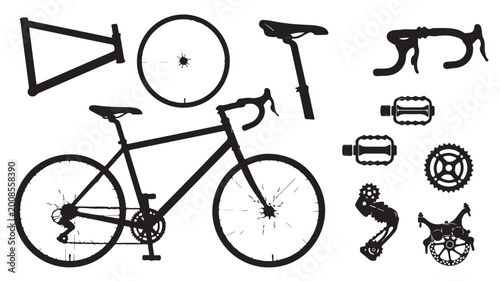 Bicycle silhouette icons and road bike parts set, black cycling components vector collection, professional bike frame and gear elements for repair shop
