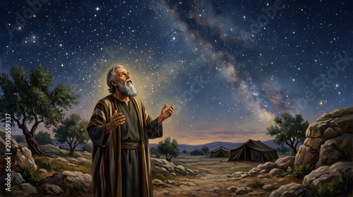 Biblical patriarch looking up at milky way galaxy in starry night sky over desert camp with tents