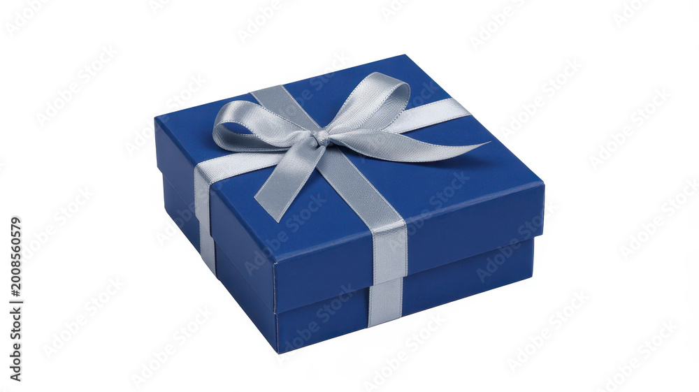 Obraz premium Square blue gift box tied with a shiny silver ribbon bow isolated on a white background