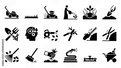 Gardening Tools Icon Set – Lawn Care, Planting, Watering, Landscaping Silhouette Vector Collection