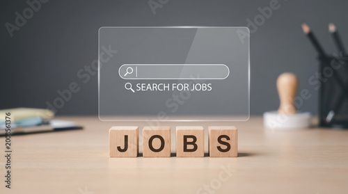 Recruitment concept with job blocks, laptop job board, and virtual search bar for careers and hiring