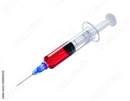 Medical Syringe Filled with Red Liquid and Needle