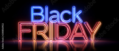 Neon letters spelling Black Friday stand out in a dark environment. The bright colors shine against a mirrored surface, creating a striking visual effect