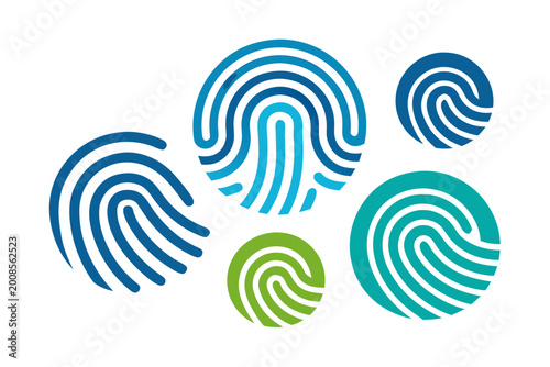 Fingerprints, blue and green vector icons, biometric symbols, security and identity graphics