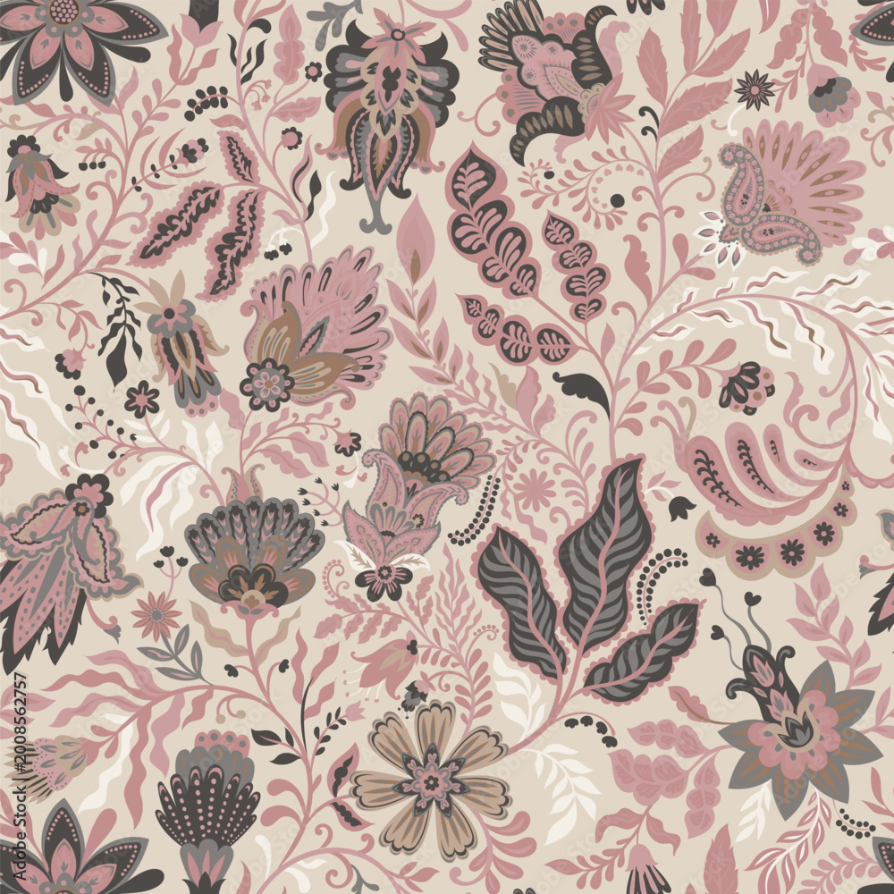 Obraz premium Tossed Botanical Paisley Beige Backdrop