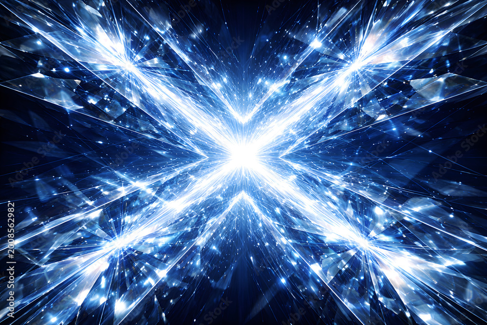 Fototapeta premium Abstract blue diamond X shape with glowing light rays, luxury energy background