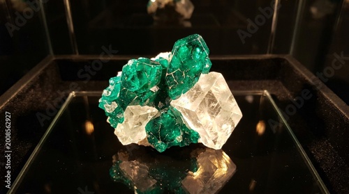 Brilliant translucent emerald green Dioptase crystal cluster grows alongside a clear geometric calcite formation on a black glass surface.