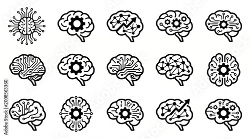 Black and white icons of stylized brains combined with neural networks, circuits, gears, arrows, symbolizing artificial intelligence and technology.