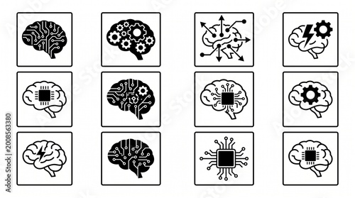 Black and white icons of stylized brains combined with neural networks, circuits, gears, arrows, symbolizing artificial intelligence and technology.