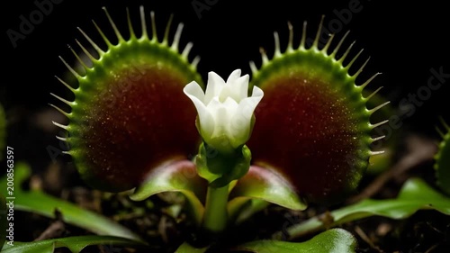 A venus flytrap plant with a closed carnivorous trap and a white flower bud during daytime in its natural habitat