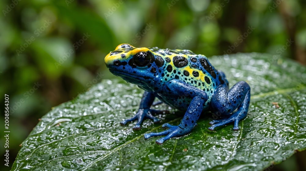 Obraz premium Macro Close-Up of Poison Dart Frog on Leaf with Vibrant Colors and Texture