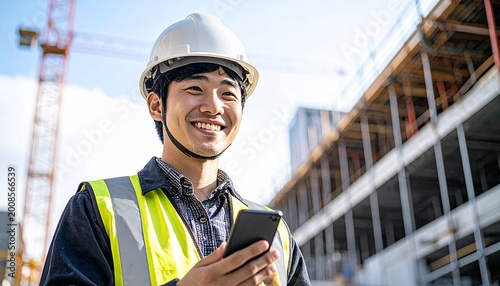 スマートフォンを持っている現場作業員