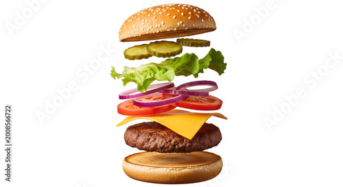 A mouthwatering burger with all its ingredients floating in midair, isolated on transparent background