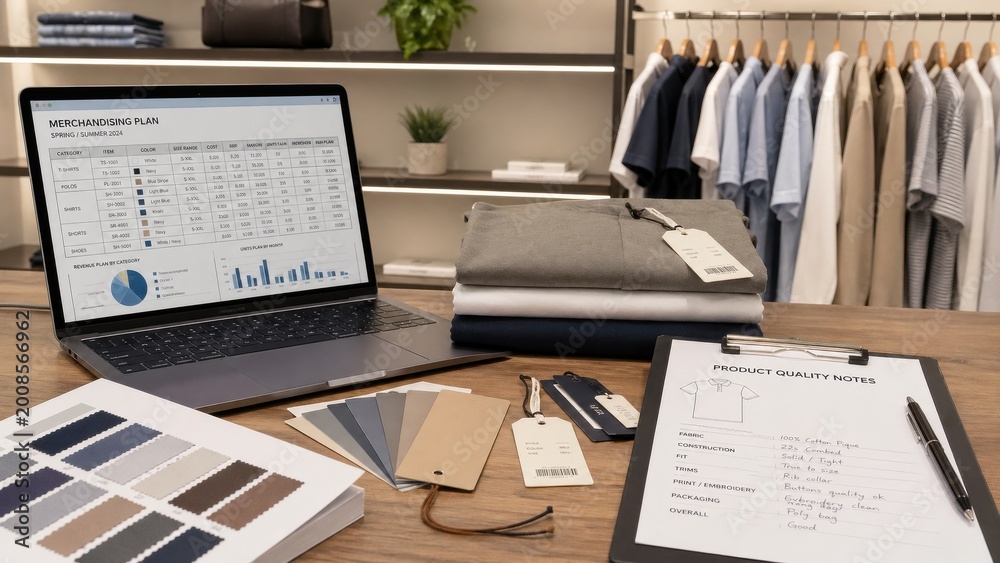 Obraz premium Meeting on product planning with laptop, fabric swatches, and quality notes in a clothing store during the day