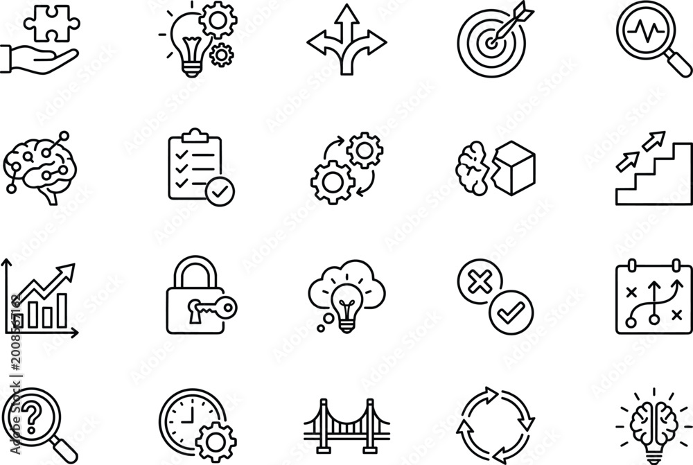 Fototapeta premium A collection of line art icons representing various business strategy concepts, including problem-solving, innovation, decision-making, goals, and analytics. Ideal for presentations and web design.