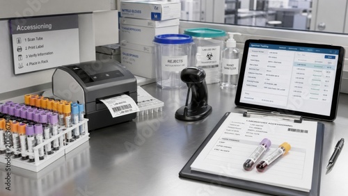 Laboratory setup for sample processing at a medical facility with equipment and materials in use