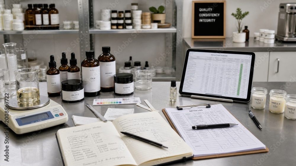 Obraz premium Laboratory workspace for cosmetic product development with various ingredients and tools at midday