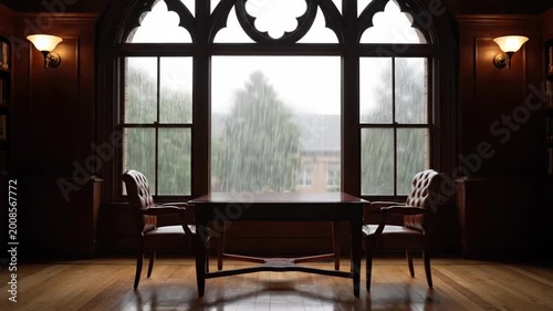 A dark library room with two leather chairs and a table overlooks a rainy day with lush green trees.